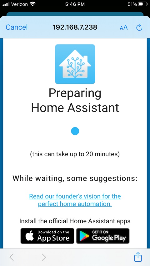 HomeAssistant website showing a message to wait while the operating system finishes installing
