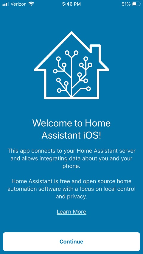 HomeAssistant app showing a welcome message