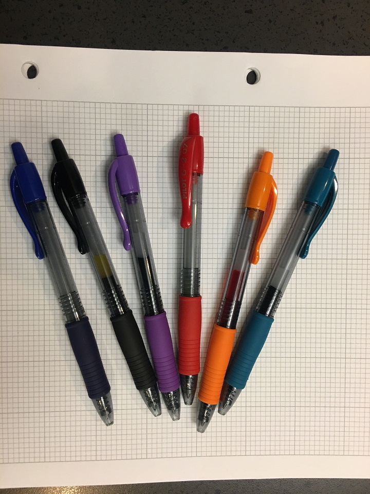 An array of Pilot G2 pens in multiple colors