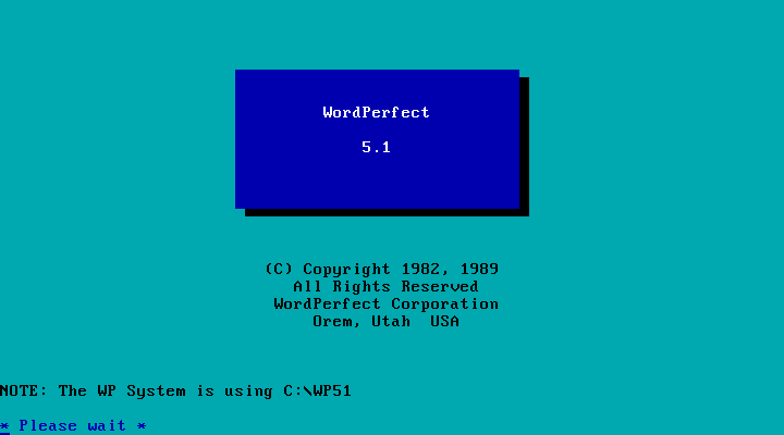 Opening screen of Word Perfect 5.1 for DOS